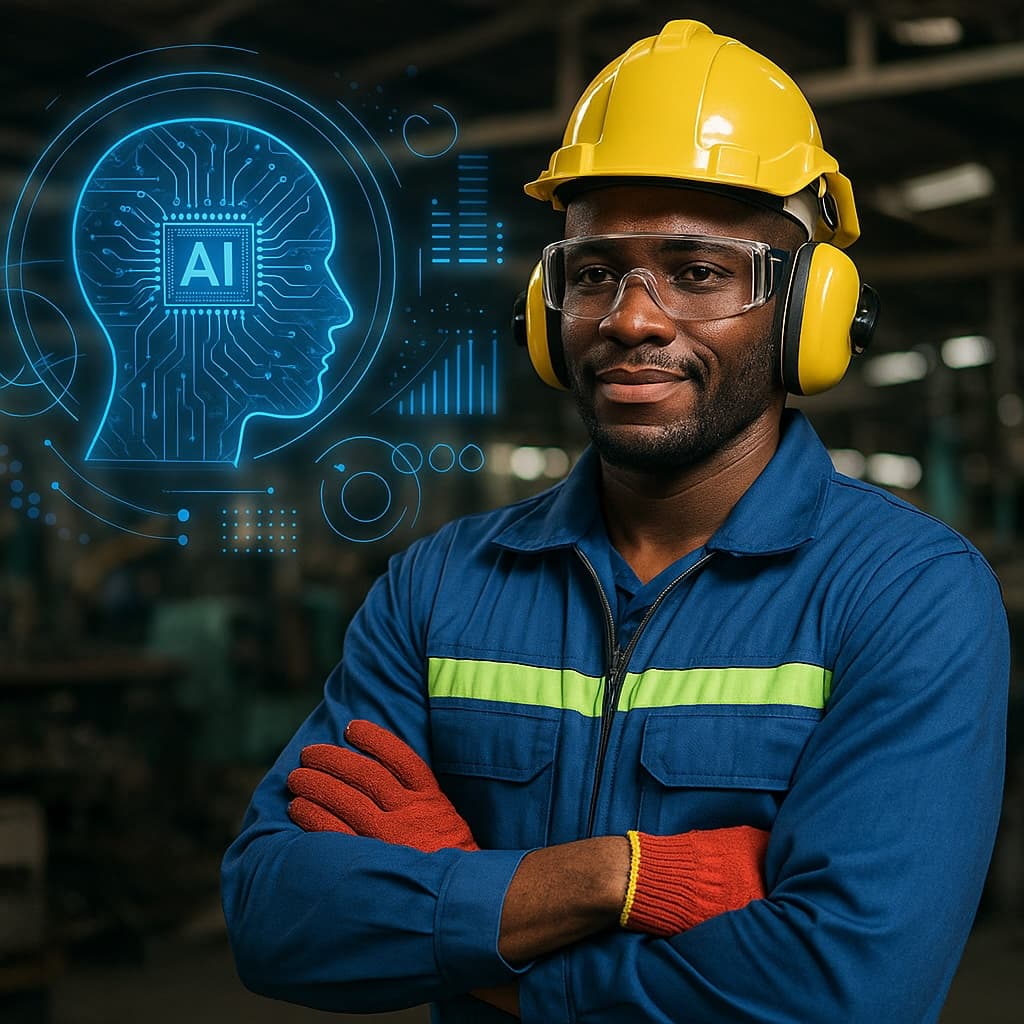 Factory worker wearing safety equipment with AI visualization overlay