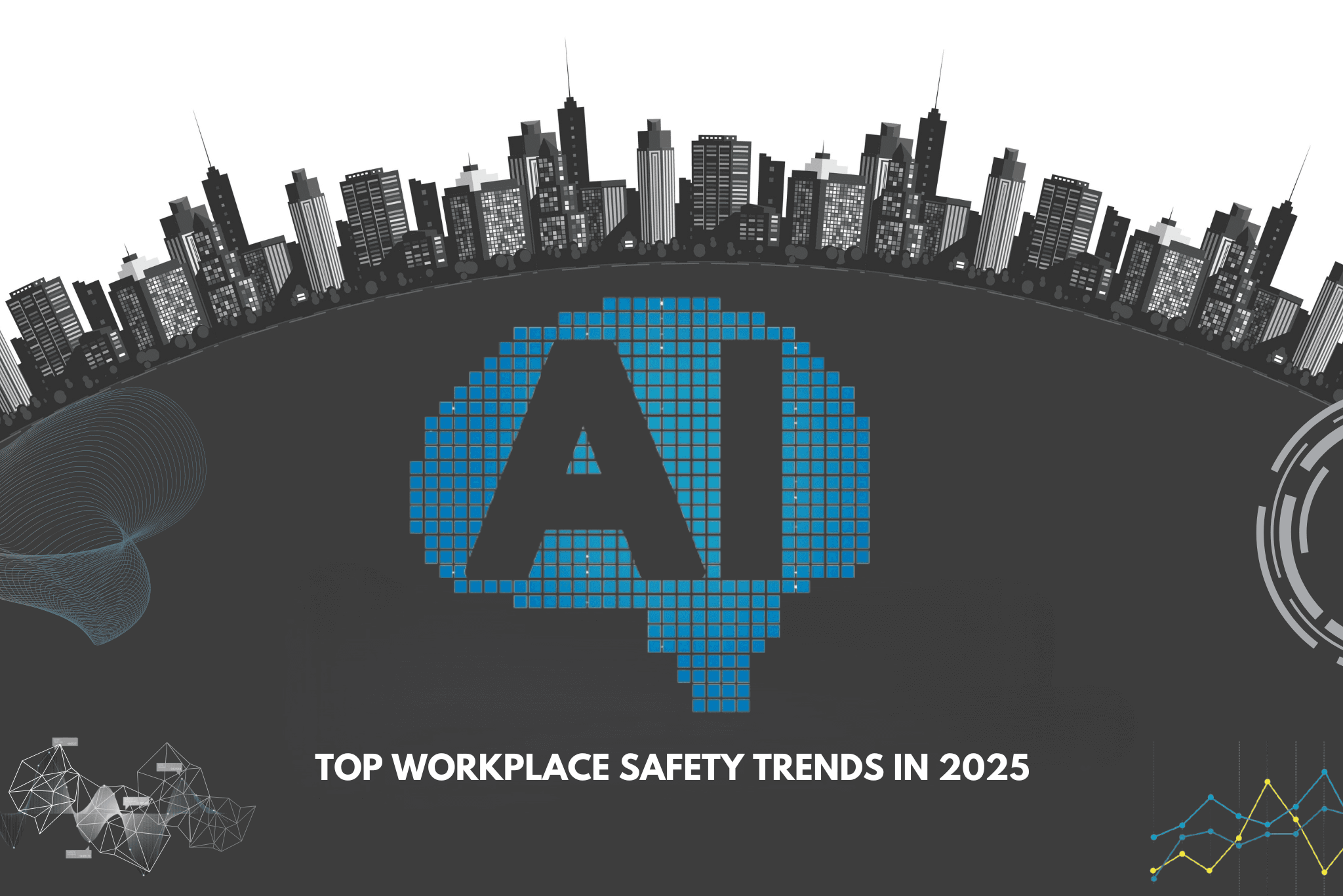 Futuristic workplace with AI safety monitoring systems and workers