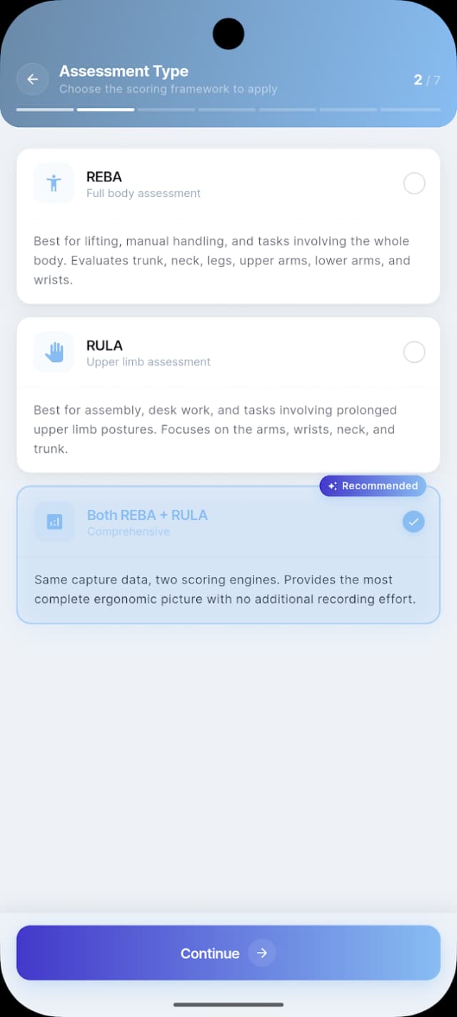 Ergovision assessment type selector showing REBA, RULA, and combined REBA+RULA options