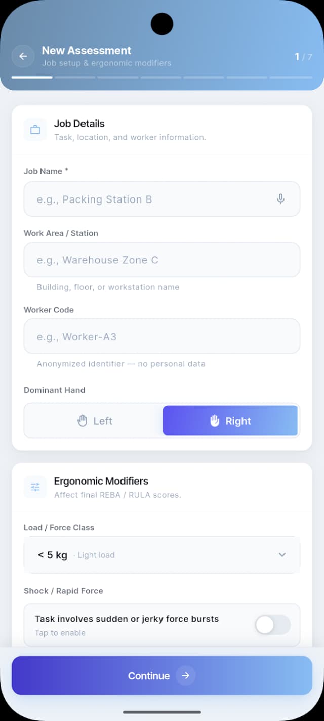 Ergovision new assessment setup screen with job details and ergonomic modifiers