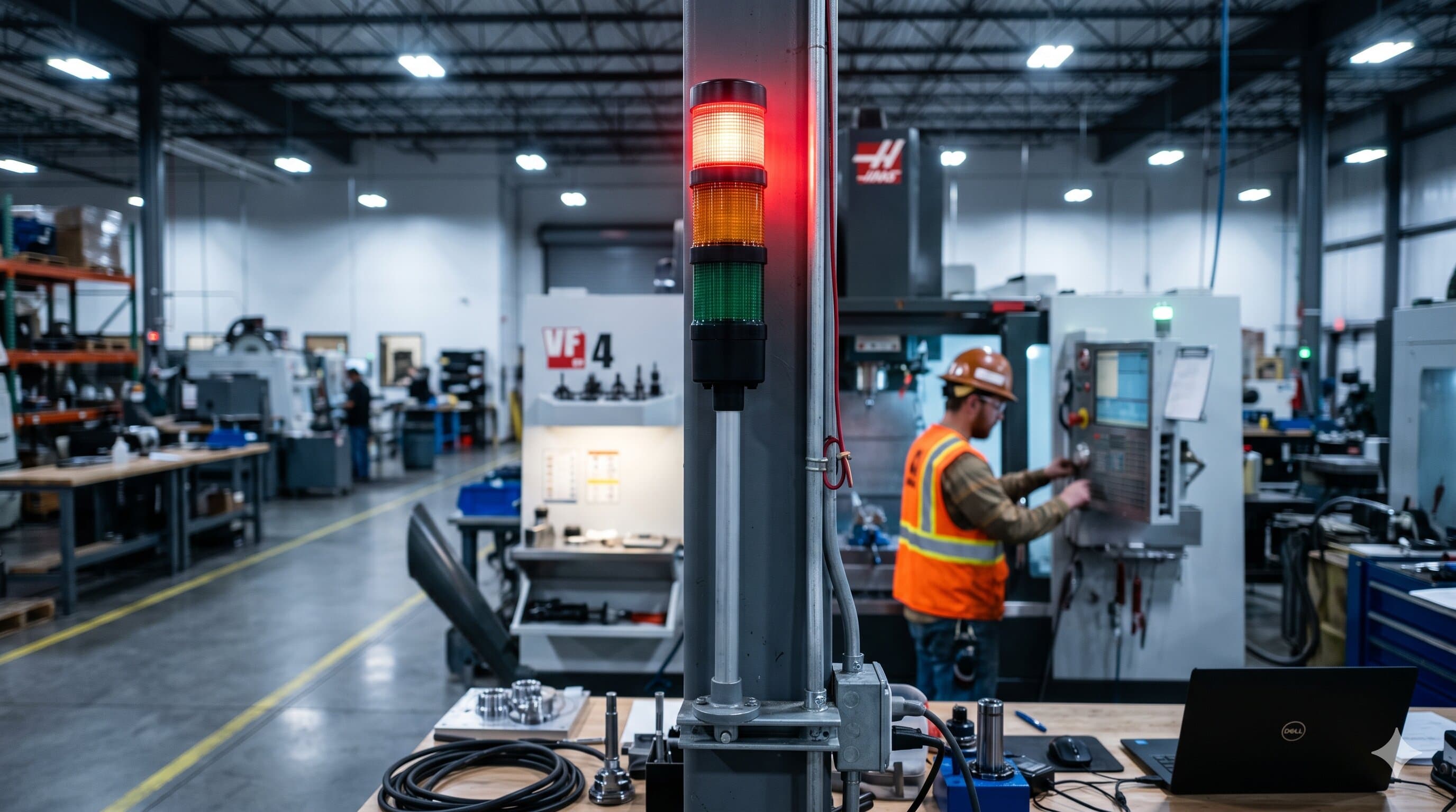 Industrial stack light tower mounted above a workstation with red segment illuminated