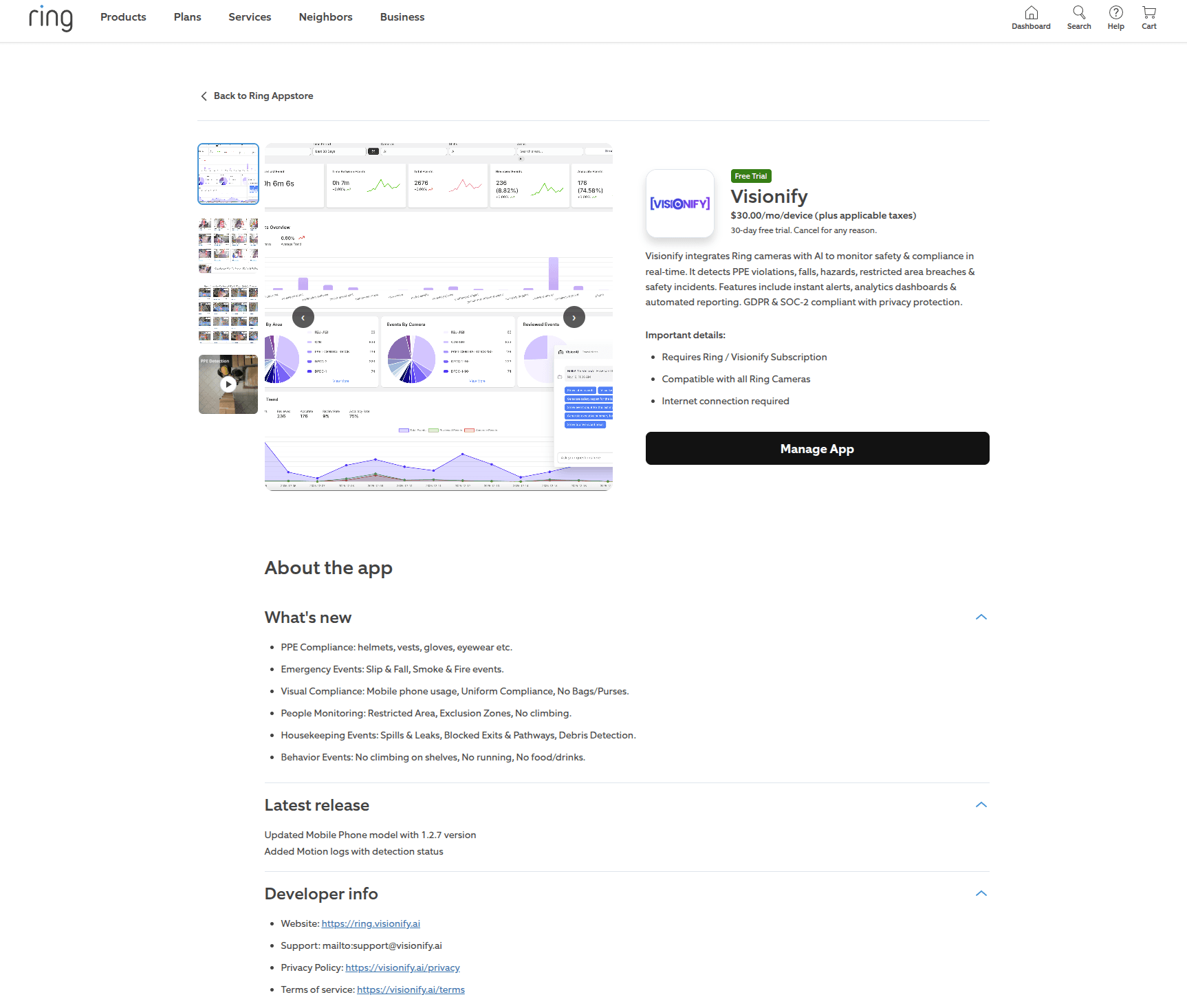 Visionify app listing on the Ring Marketplace