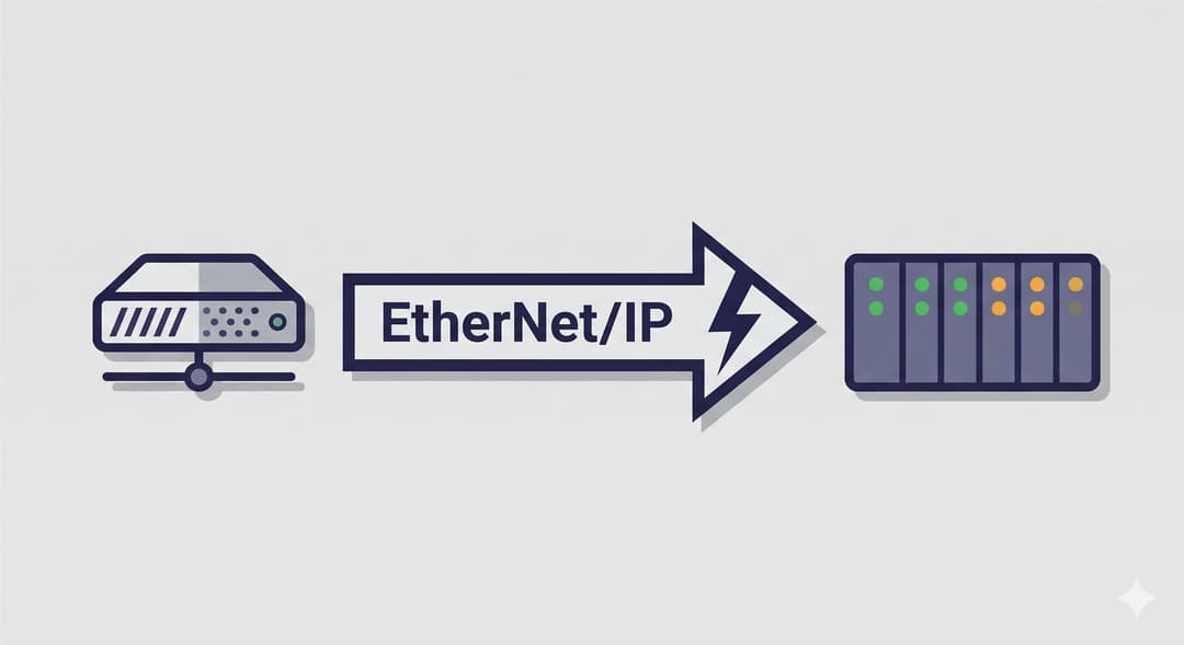 Industrial Ethernet cable connecting Edge AI server to a PLC rack with status LEDs active