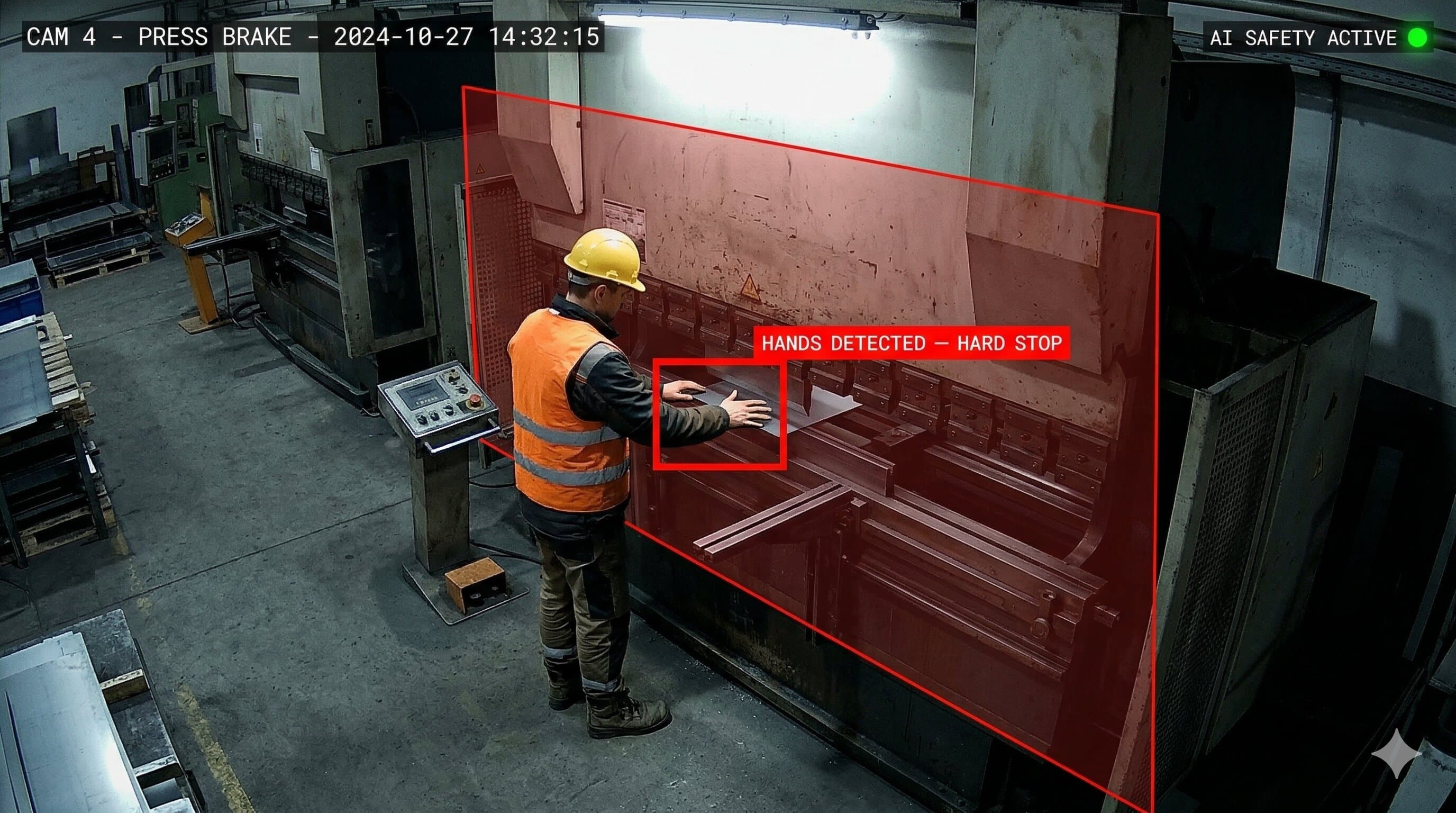 AI detection overlay showing hands entering press brake danger zone with red bounding box alert