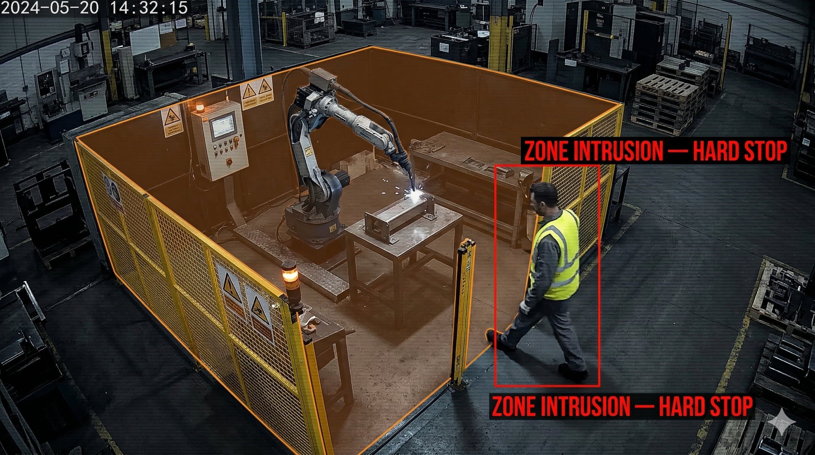 Worker entering robotic cell restricted zone with AI detection boundary overlay