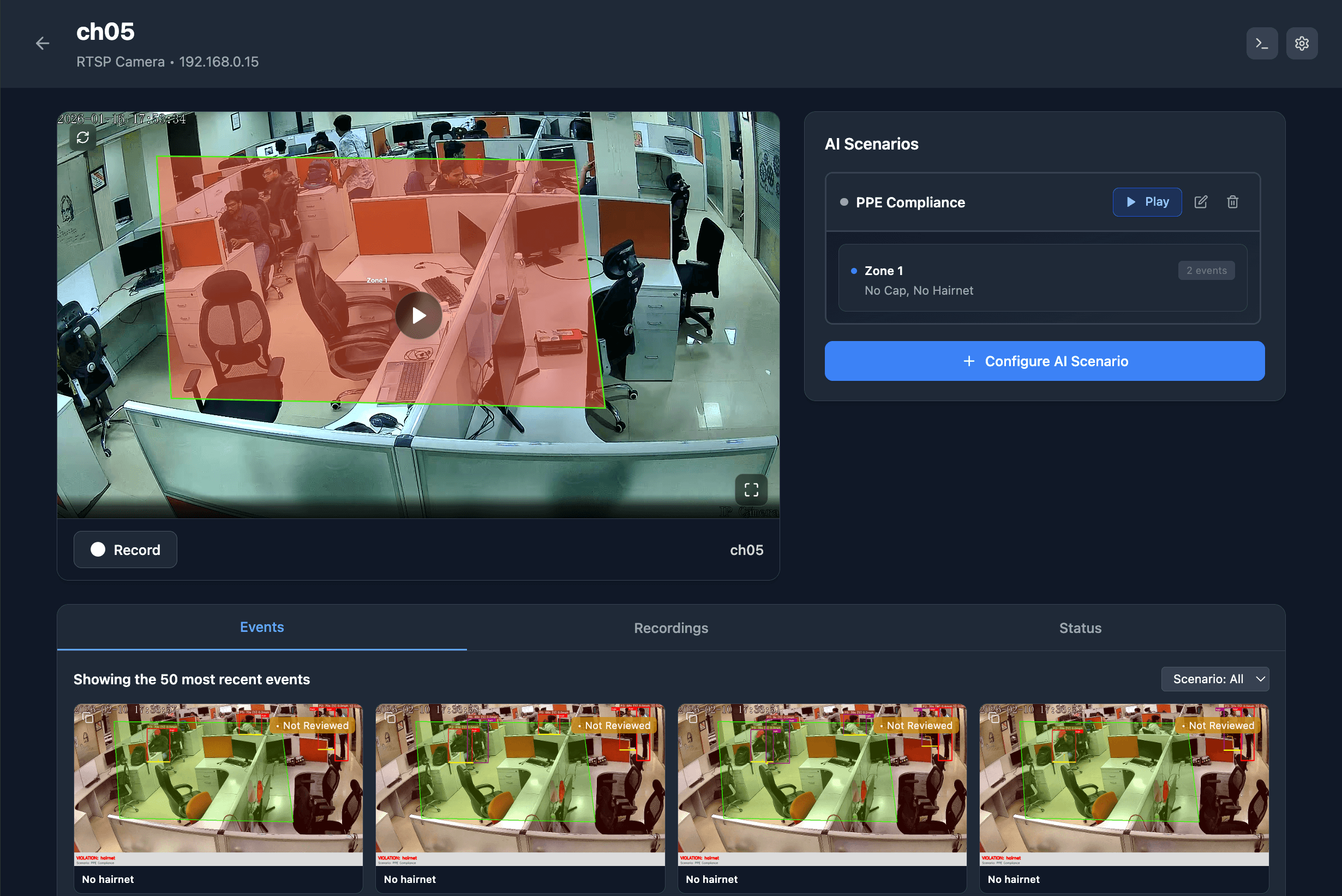 AI Zone Configuration - Draw zones and assign PPE rules per area. Configure different safety requirements for high-risk and low-risk zones.