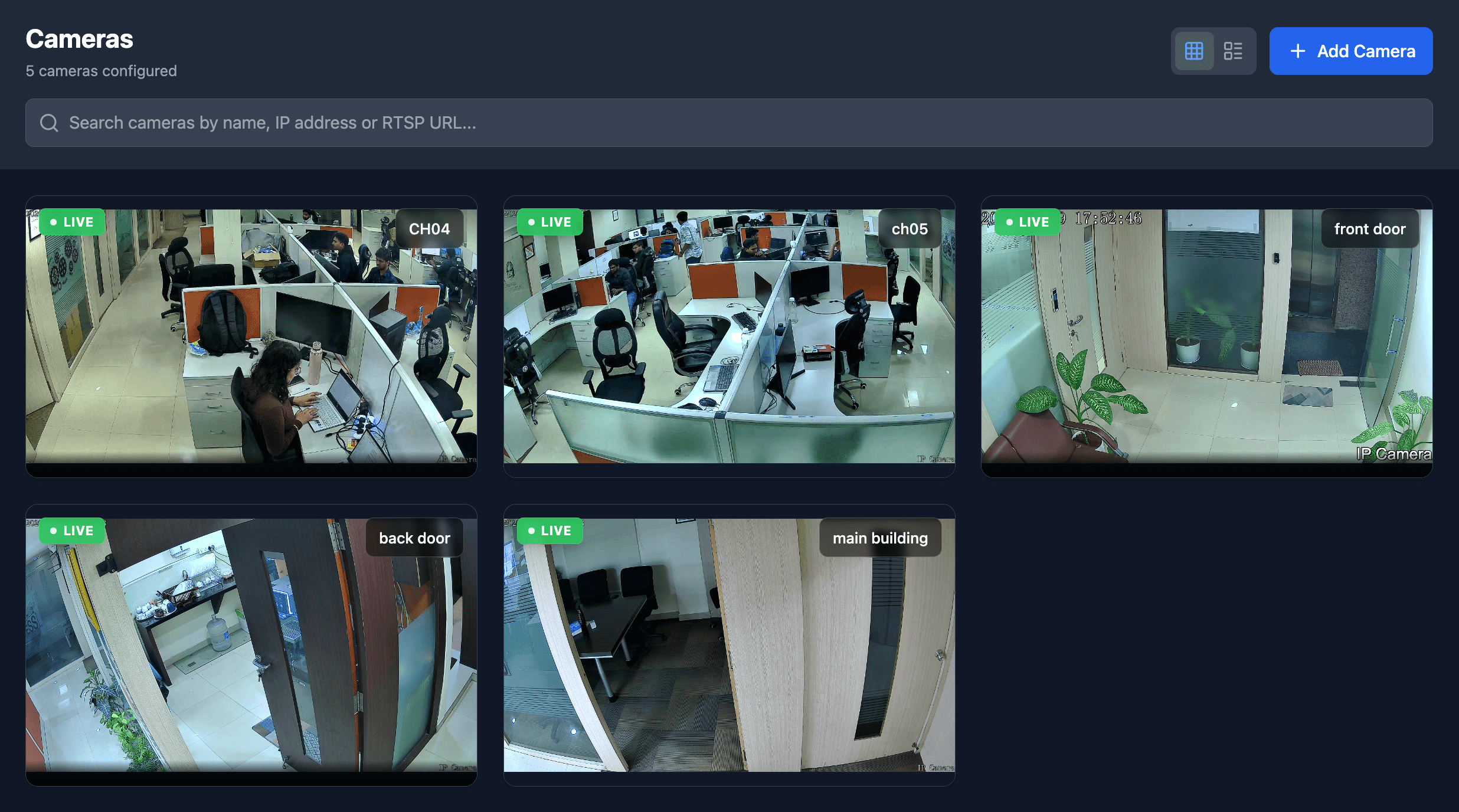 Camera Management - Discover and connect cameras via network scan, RTSP, NVR, or YouTube Live feeds. Manage multiple cameras from a single interface.